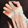 Handmade Press On Nail Gentle Ice Blue Contrast Color Hand-painted 3D Carved Flower Pearl Stiletto Pointed Fake Nail Patch Artificial Nail Reusable