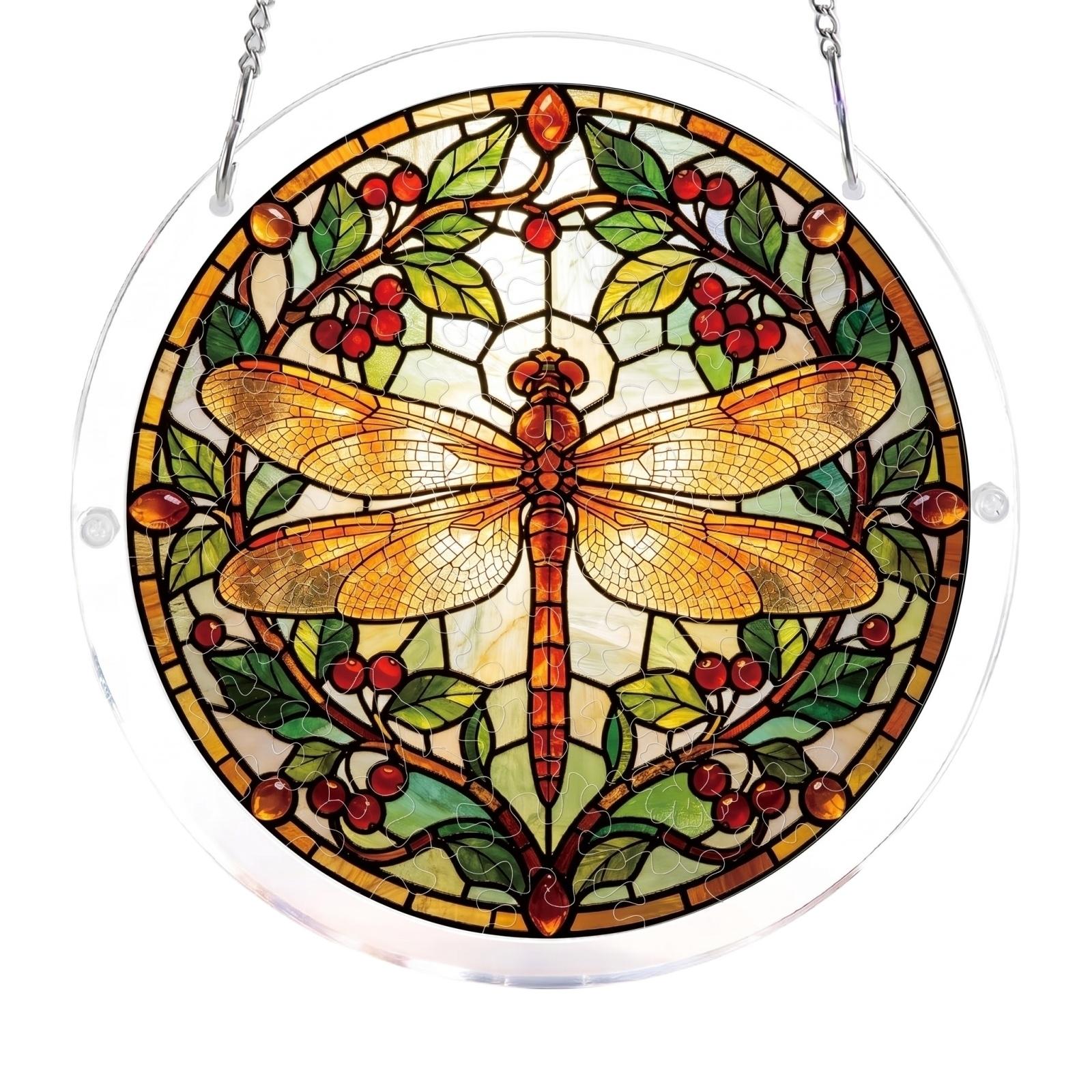 

Round Jigsaw Puzzle with Hummingbird and Floral Pattern Stained Glass Style Decorative Artwork for Adults and Teens One Size