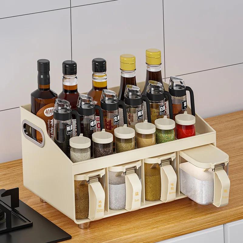 Multi functional spice storage drawer, 4-compartment seasoning storage box with spoon and lid, top table and handle