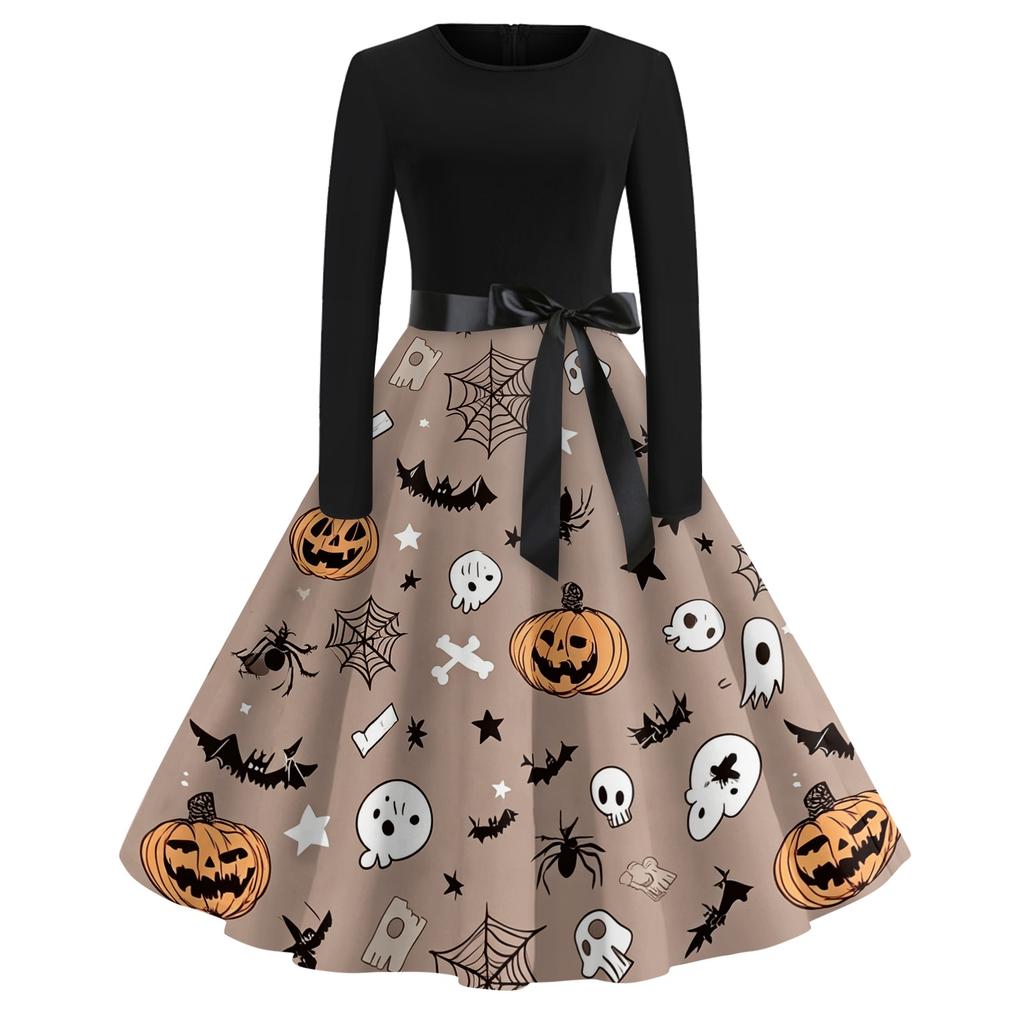 Women Casual Vintage Halloween Print Dress Long Sleeve Round Neck Retro Fit and Flare Midi Dress with Waist Tie Belt