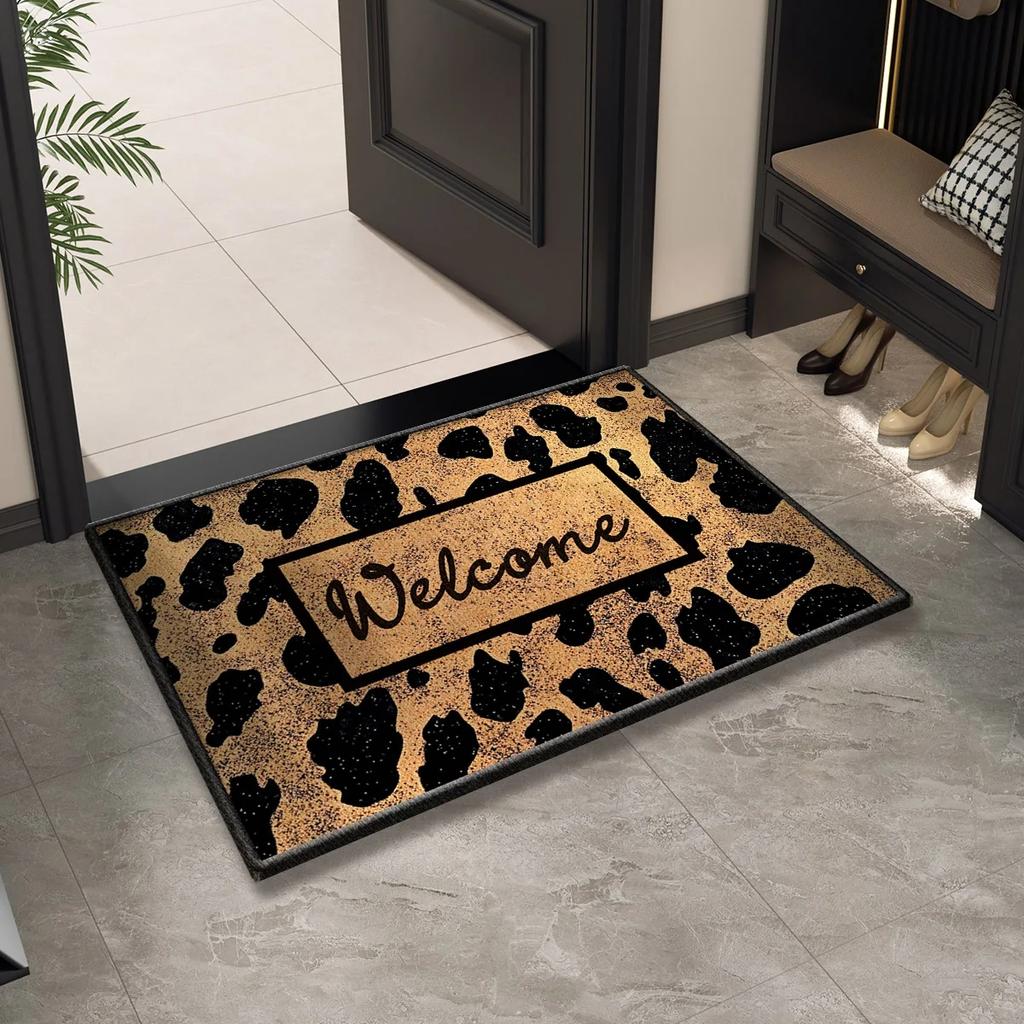 Leopardenmuster Willkommens-Eingangs-Fußmatte Waschbar Innen Außen Bodenmatte Rutschfest Flur Badteppich Heimdeko Teppich