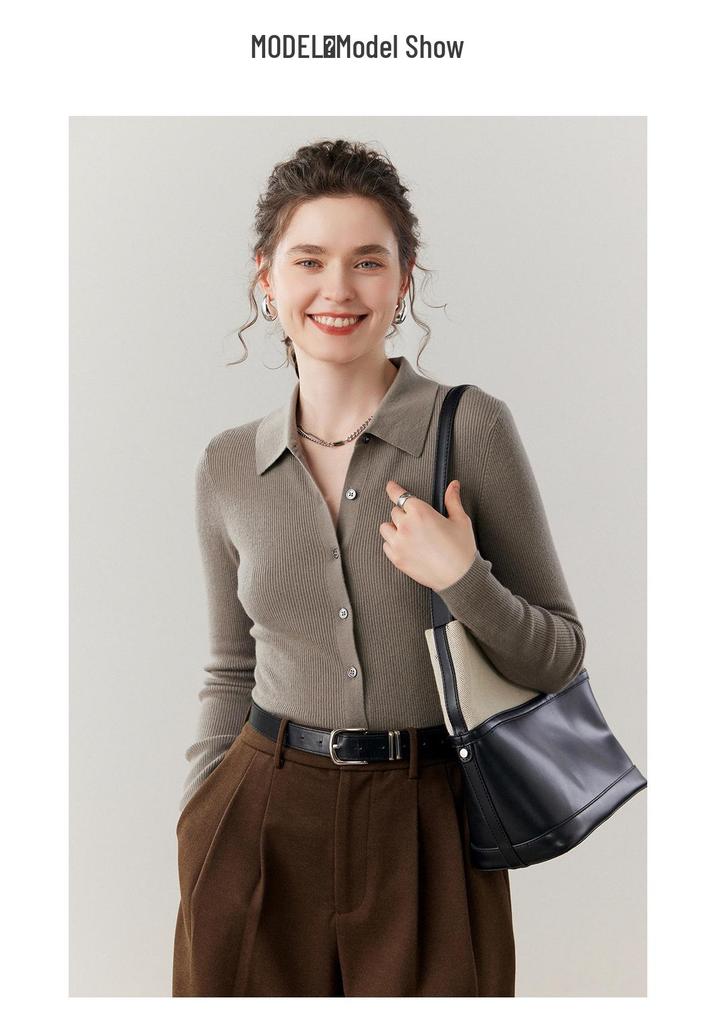 Slim Fit Polo Neck Cashmere Cardigan - Thin Wool Knit for Autumn/Winter