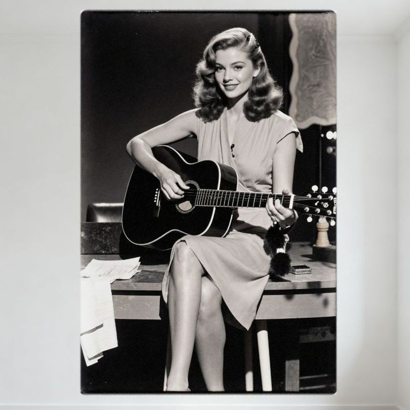 

Vintage Studio Portrait Black And White Woman Long Wavy Blonde Hair Acoustic Guitar Sleeveless Dress Metal Tin Sign for Home Caf 20x30cm（7.8x11.8inch）