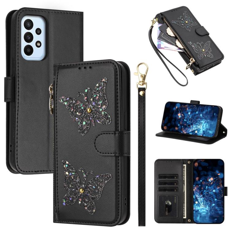 Glitzer Schmetterling Reißverschluss Veganes Leder Handyhülle Für Galaxy A07 4G / A06 5G / A06 4G, Kartenhalter Handgelenkschlaufe Stoßfeste Hülle