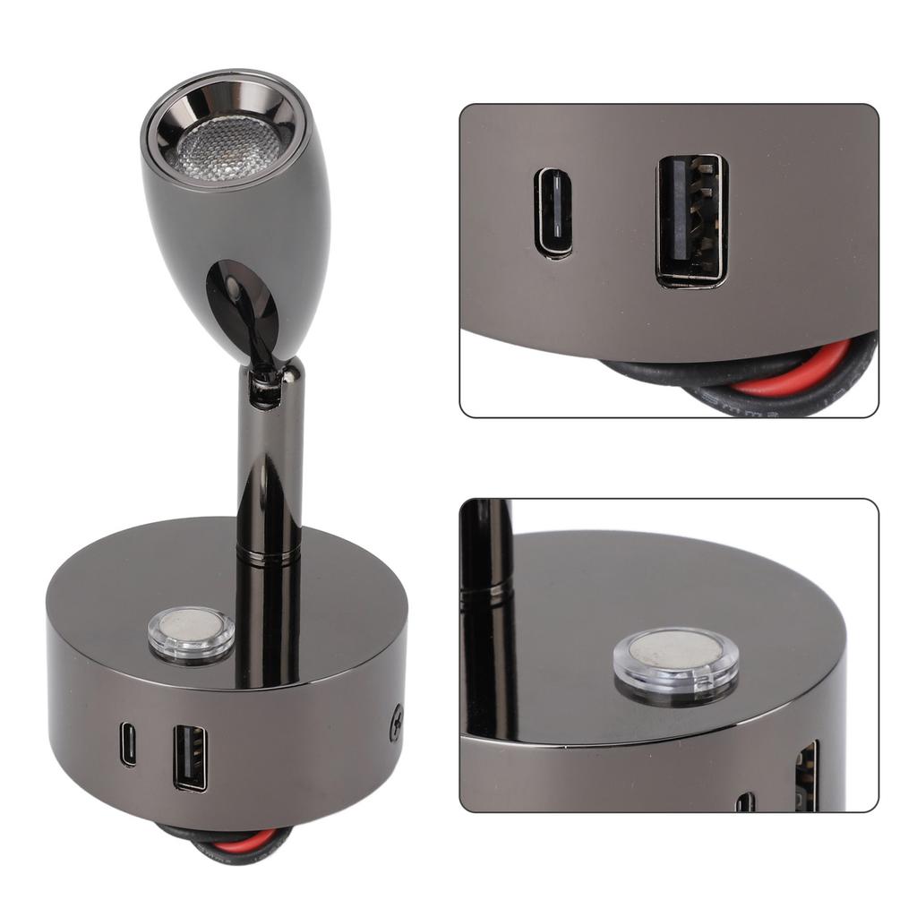 RV Reading Lamp USB Port Matte 3 Color Temperature Dimmable Touch RV Reading Wall Sconce 12‑24V