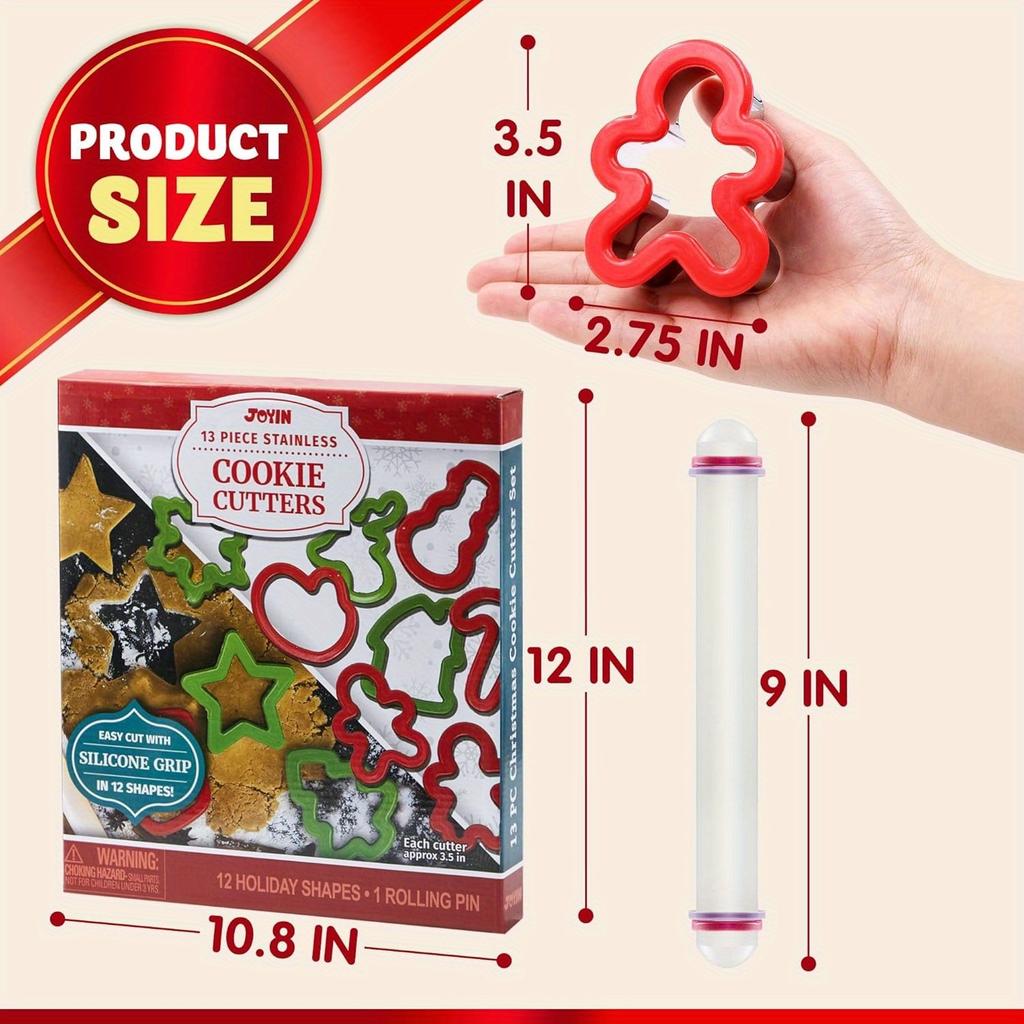 JOYFY 13 PCS Christmas Cookie Cutters in Stainless Steel with 3.5 plus Grip and a Rolling Pin for Xmas Holiday Party Baking