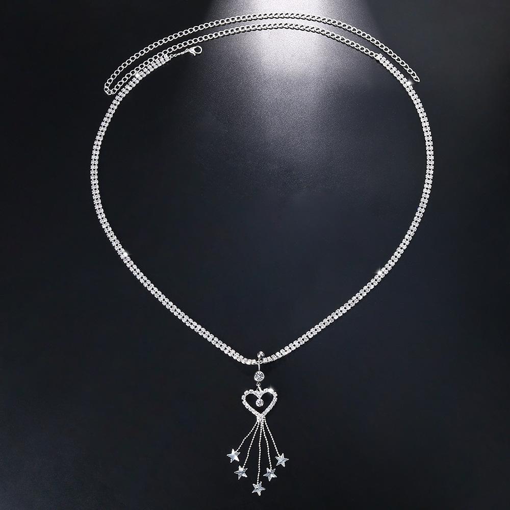 Bohemian Style Heart-Shaped Tassel Rhinestone Navel Ring with Waist Chain for Women's Belly Button Piercing Jewelry