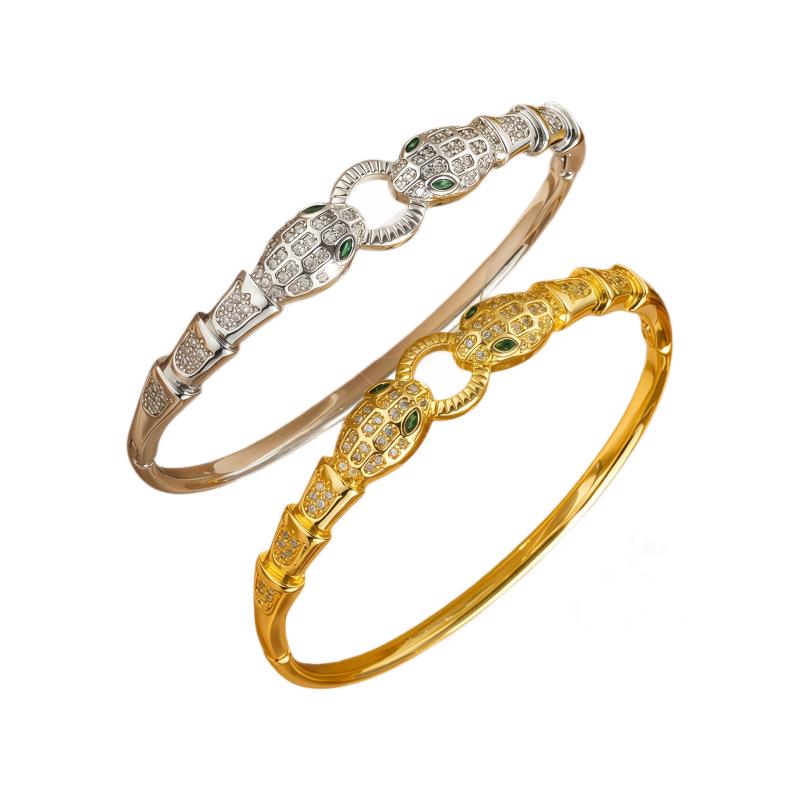 Zircon Snake Shape Women's Copper Bangle - Middle East Fashion, Micro-inlaid, Openable, Versatile Bracelet