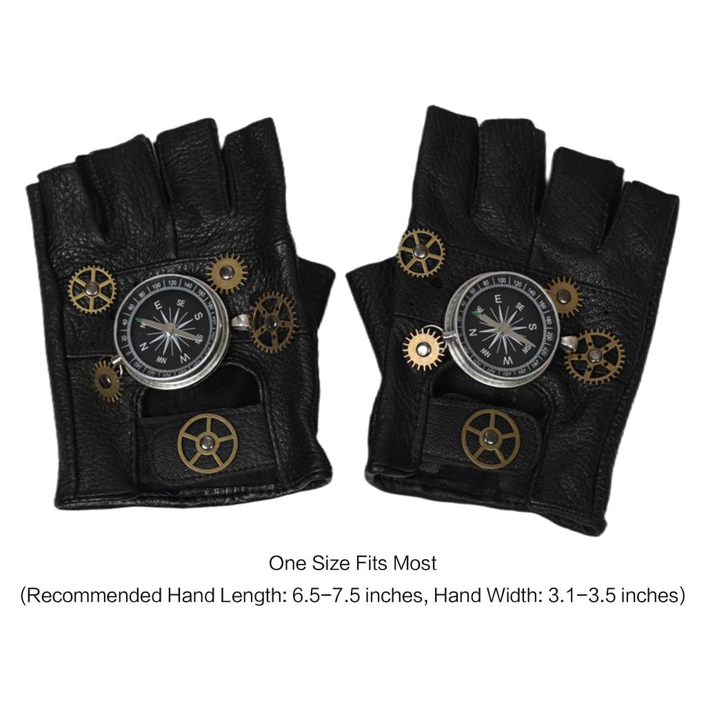 Steampunk Half Finger Leather Gloves with Gear Decor and Compass Design Retro Mechanical Style for Cosplay Riding