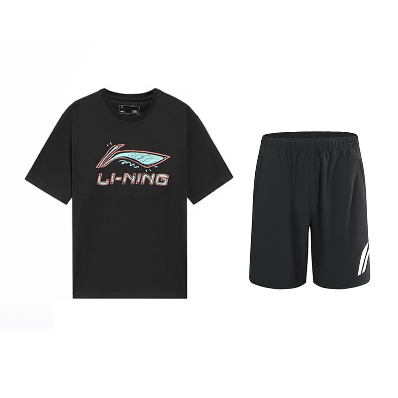

Li-Ning Letter Logo Print Round Neck Short Sleeve T-Shirt And Mid Waist Shorts Casual Sports Set Unisex sets Black AHST815-1+YKSV197-2 L