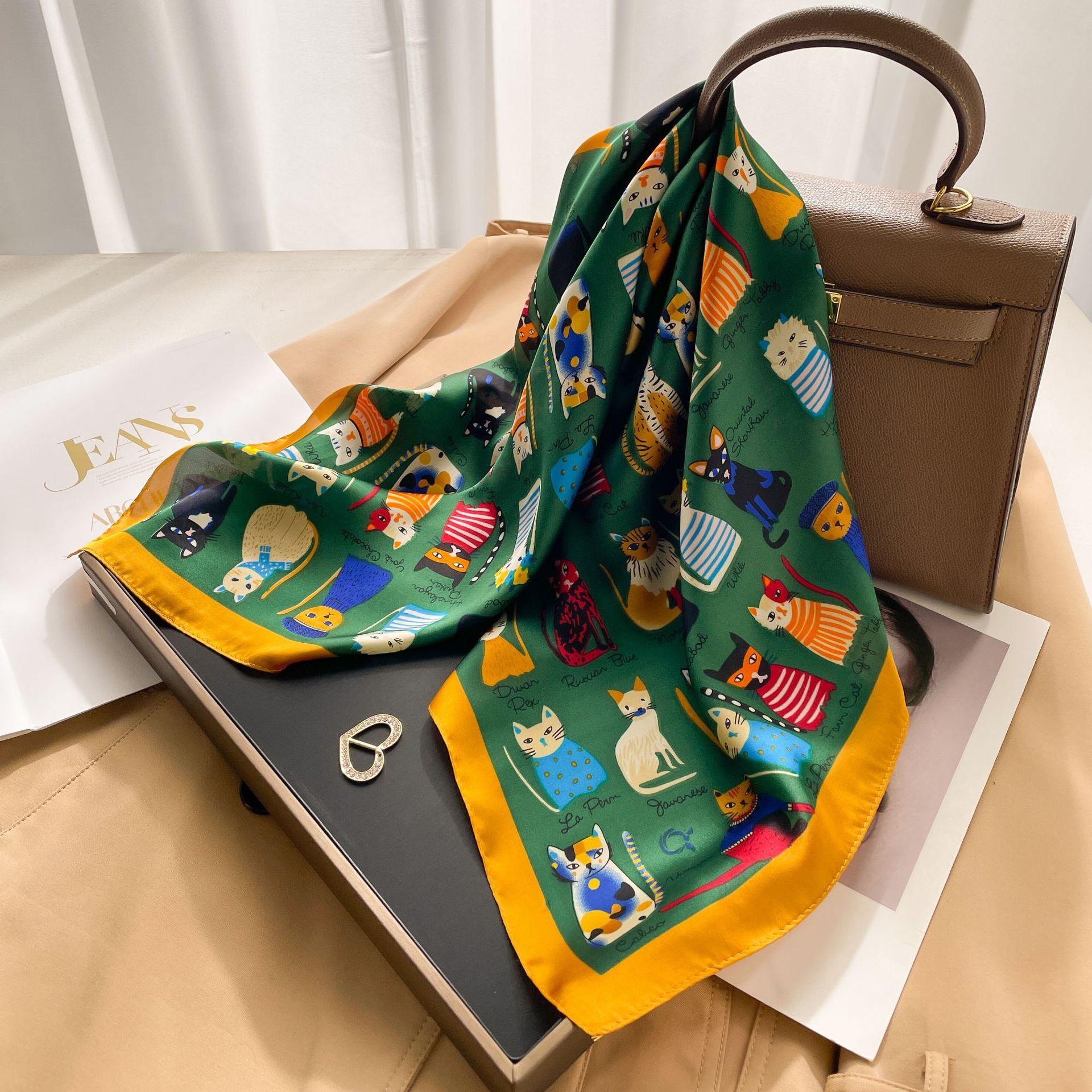 Yto Home Women's 1Pcs 70Cm Cat Pattern Silk Scarf For Imitation Silk Animal Print Square Scarfs Fashionable And Versatile Headscarf Scarf