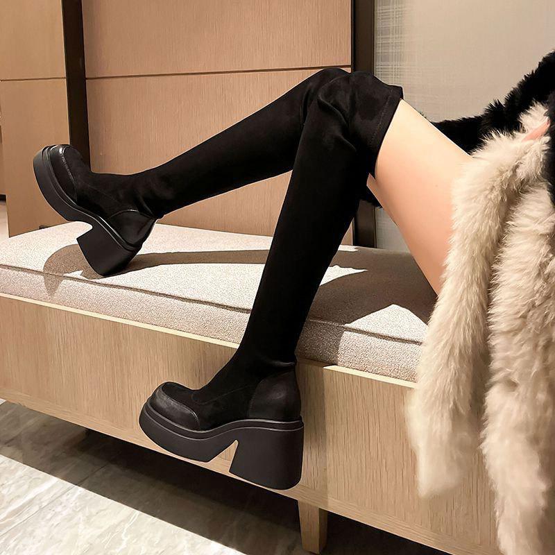 Suede thin elastic boots women's autumn and winter 2026 new heightening boots thick-soled waterproof table over the knee boots