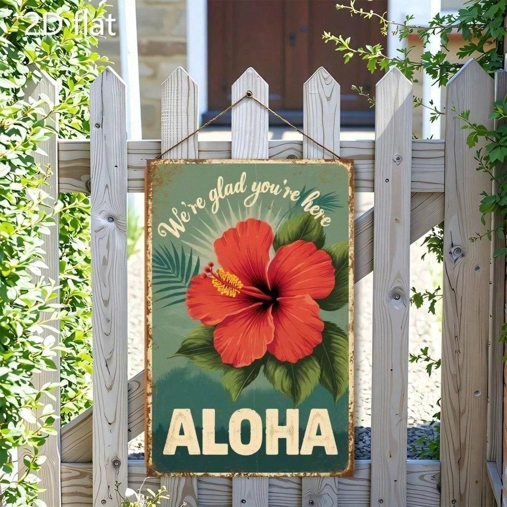 Vintage Aloha Red Hibiscus Metal Sign Tropical Beach House Wall Art Retro Hawaiian Garden Decor Indoor Outdoor