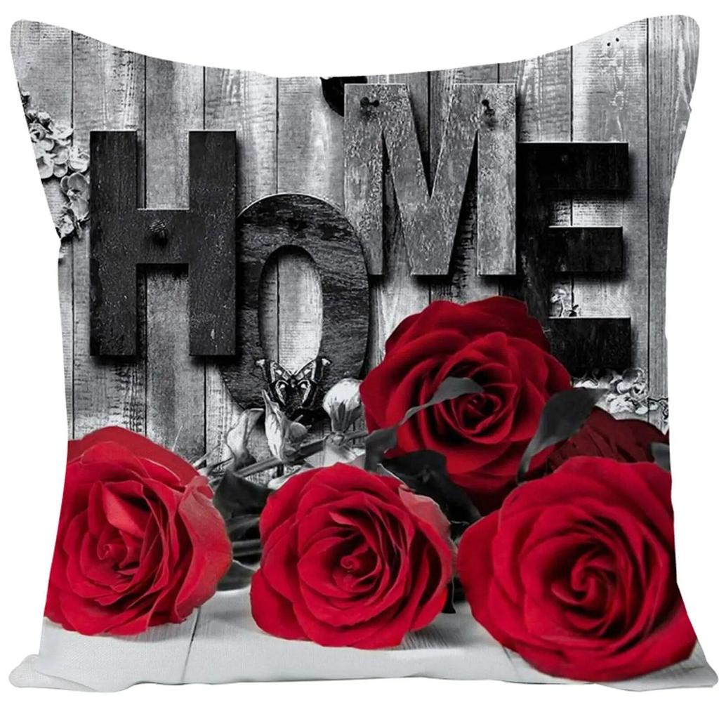 Red Rose Flower Print Pillowcase Sofa Cushion Cover Home Improvement