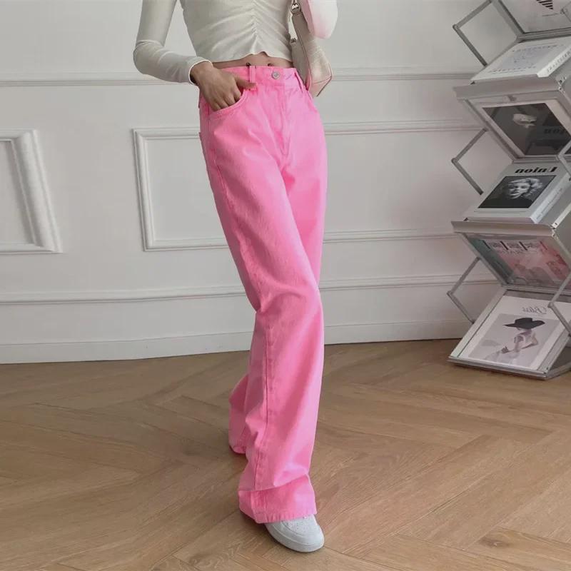 Jeans rosa petite a vita alta stile coreano a gamba larga - Estivo da donna vestibilità ampia
