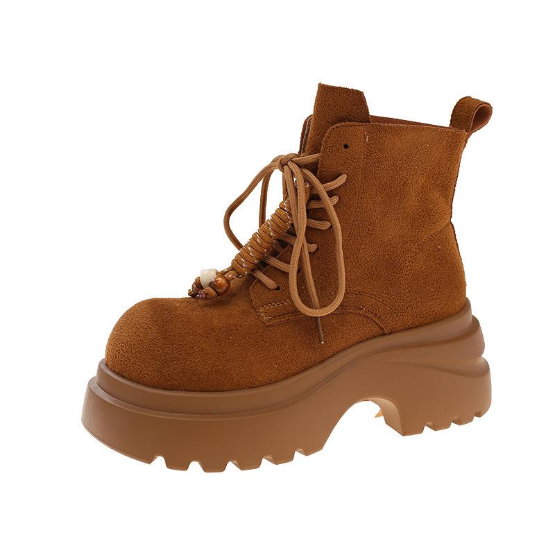 

Ретро ботинки Мартин на толстой подошве с увеличением высоты для женской коллекции осень 2025, новые модные облегающие короткие ботинки на шнуровке цвета ревеня 40