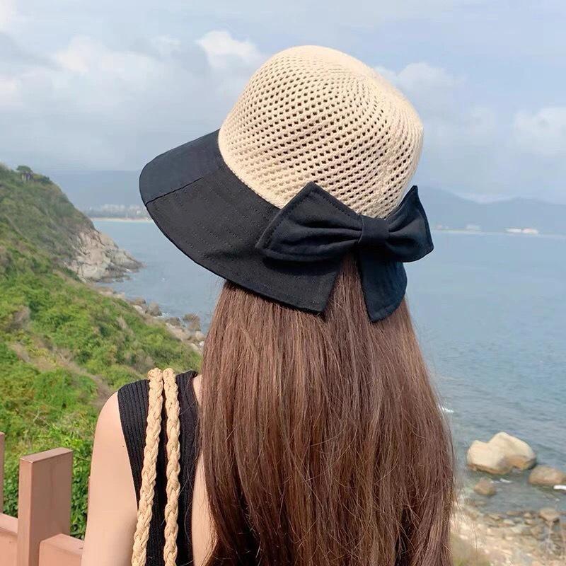 Chapeau seau d'été en tricot style japonais pour femme avec nœud, grand bord, pliable, protection solaire, couvre-visage