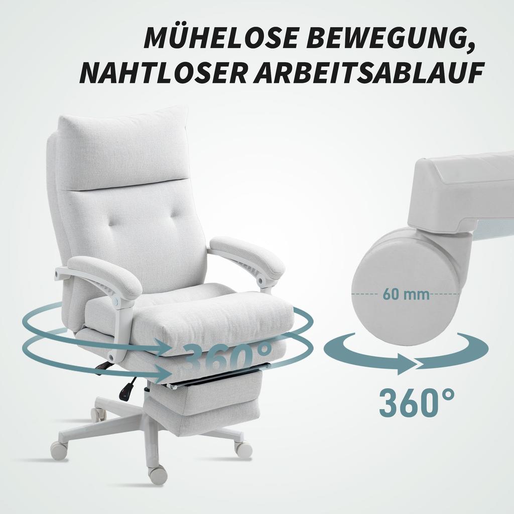 Rolling Chair, Linen Look, Height-Adjustable, 160 Degree Recline, Footrest, Cream White