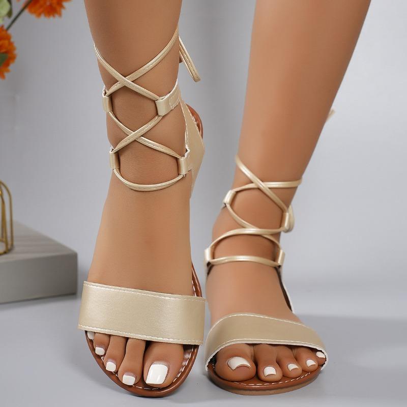 Womens Summer Plus Size Sexy Round Toe Flat Strap Sandals Cross Strap Fashion One Line Sandals