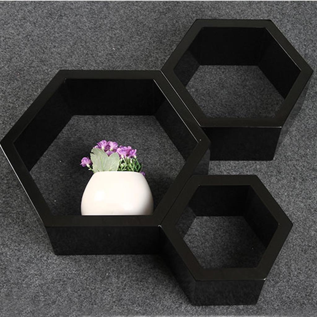3 étagères Hexagonales Flottantes Murales | Bois Massif | Décoration Salon, Chambre, Bureau | Montage Facile
