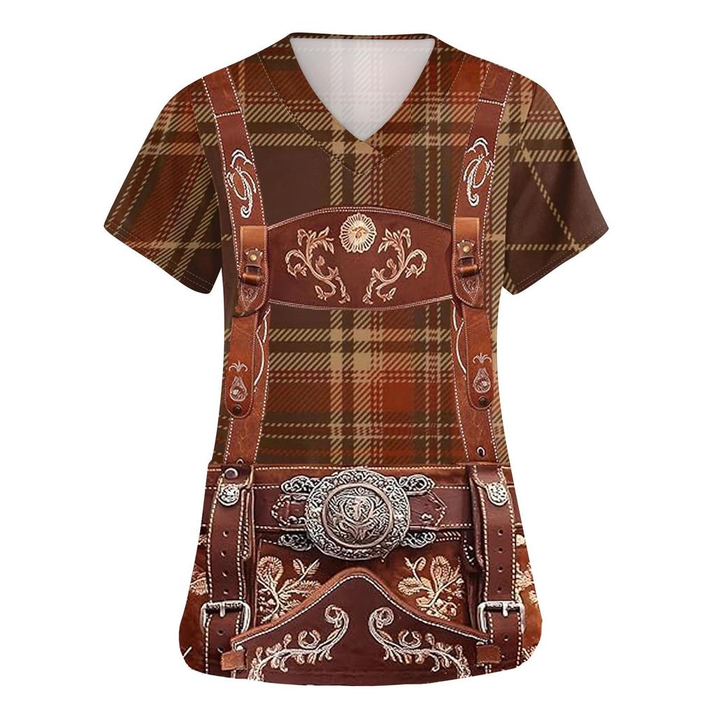 Women's V Neck Short Sleeve Work Shirt with Pockets Oktoberfest Print Top for Healthcare and Service Uniforms Lightweight Comfortable Fit