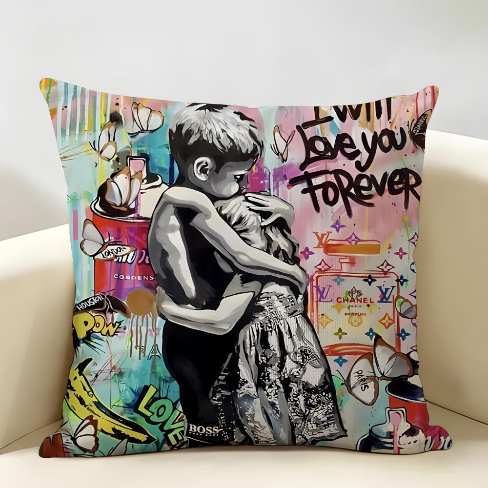 BBanksy Graffiti Mr BBrainwash Cushion Cover Natural Linen Organic Fabric DoubleSided Printing Room Sofa Decor Pillow Case