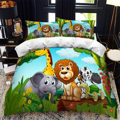 Sada povlaků na peřinu do zoo velikost King Queen Zvířata v lese Kreslená ilustrace Lev Panda Pro děti Dívka Chlapec Polyesterové povlečení