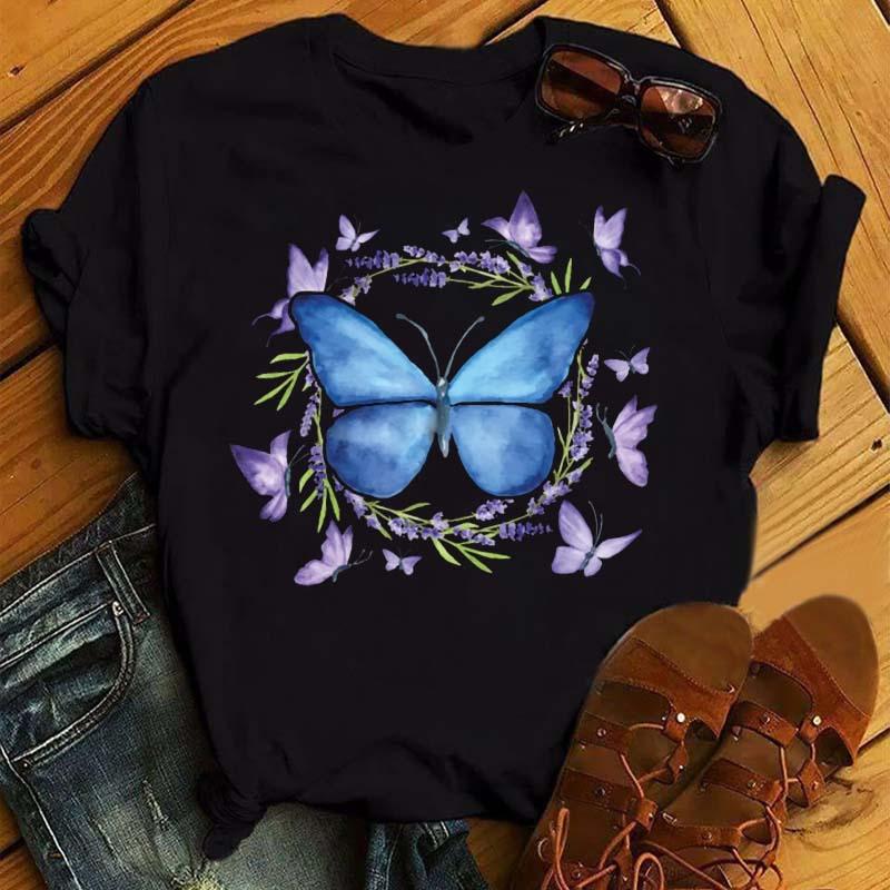 Summer Butterfly Print Plus Size Loose Round Neck Pure Cotton Short Sleeved Top T-Shirts Women’s Tees