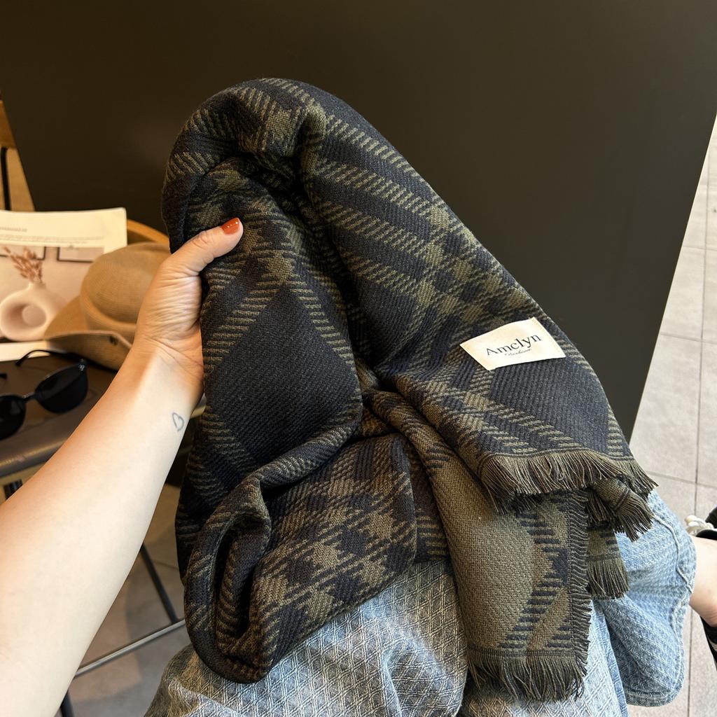 Women's New Winter Wool Scarf British Style Twill Plaid Shawl Versatile Warm Scarf