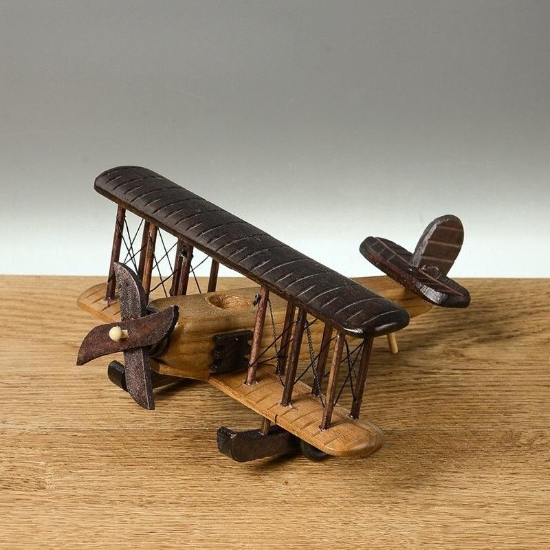 Wood Airplane Figurine Retro 3D Biplane Sculpt Creative Airplane Model Crafts Desktop Ornament Gift Home Decorations Accessories