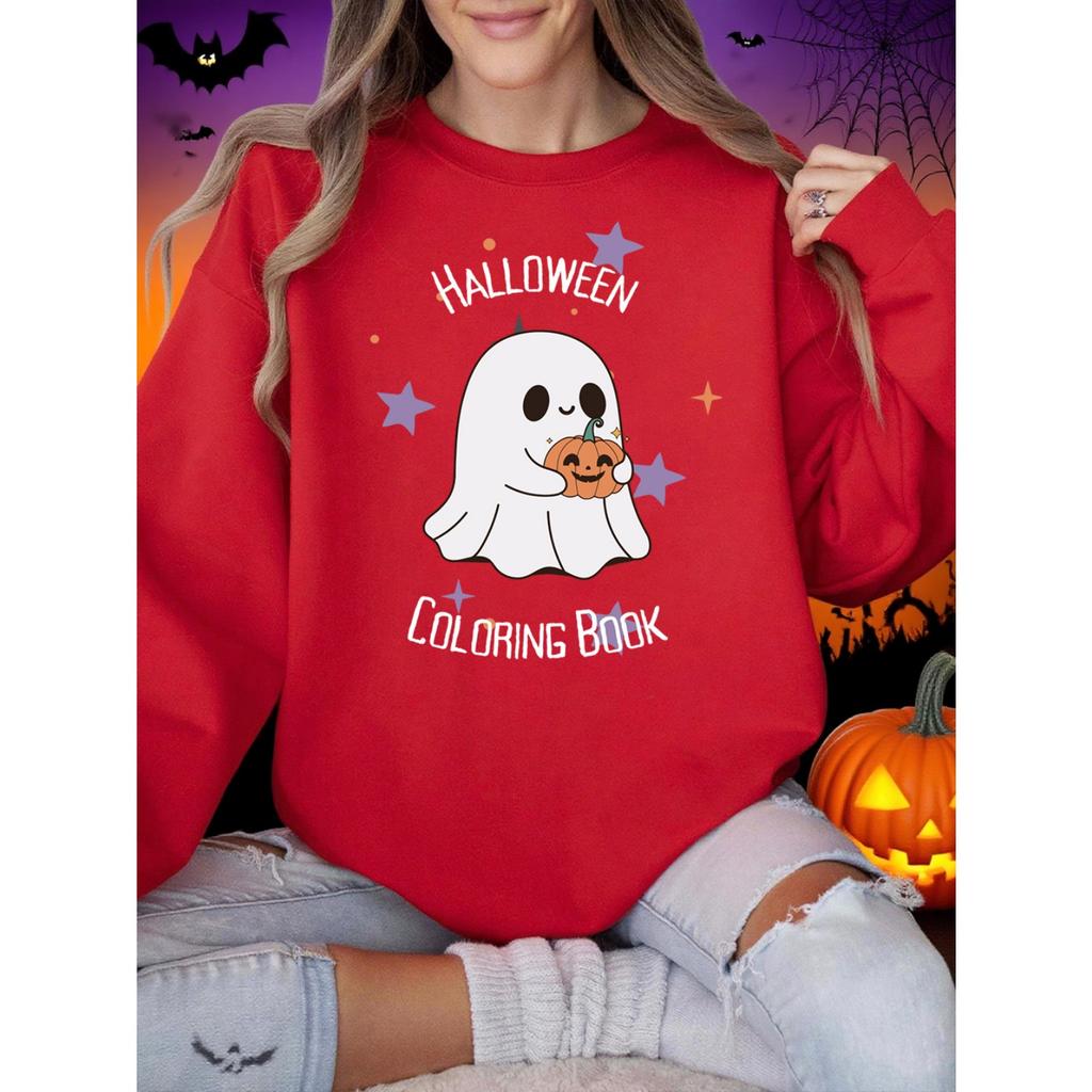 Halloween Coloring Book Printing Sweatshirts Women Winter Fleece Warm Hoodie O-Neck Loose Pullover Basics Sporty Womans Clothes