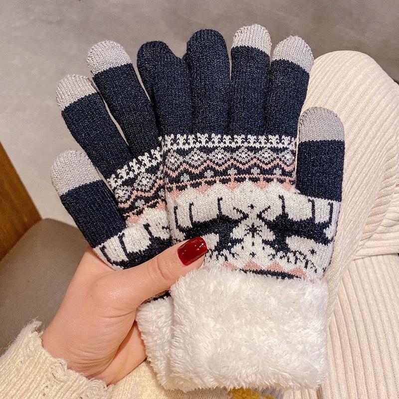 2025 Christmas Thick Reindeer Jacquard Knitted Full Finger Gloves for Women Touchscreen Washable Warm Gloves Soft Skin Friendly