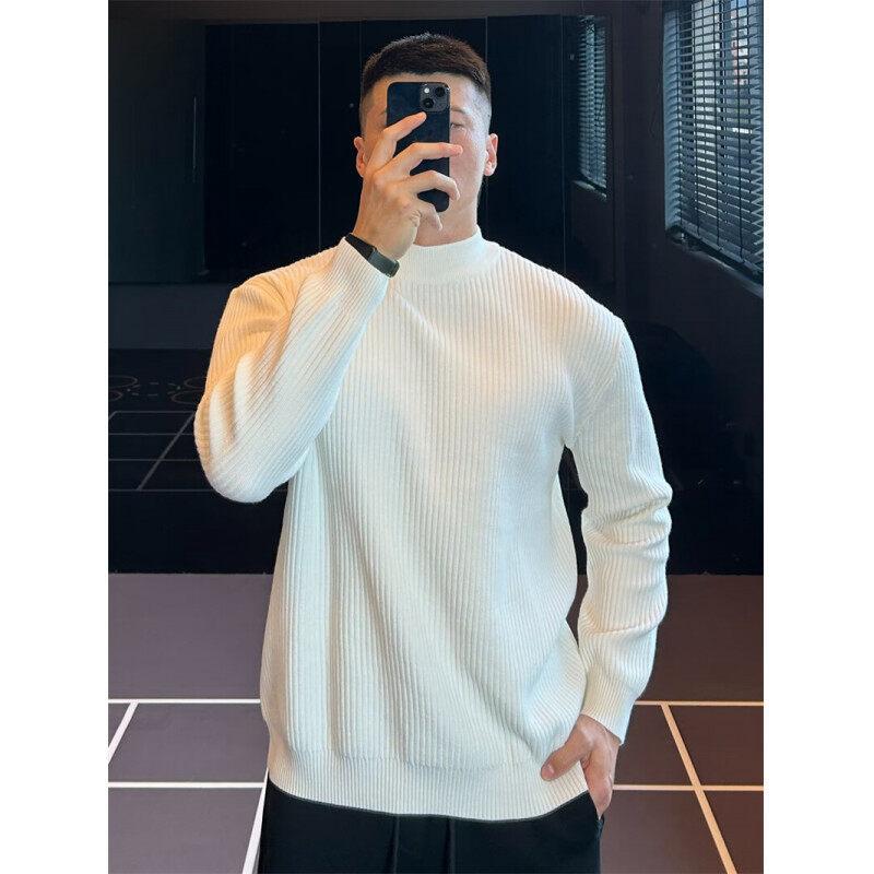Autumn and Winter Solid Color Versatile Semi-turtleneck Line Sweater Striped Knitted Sweater