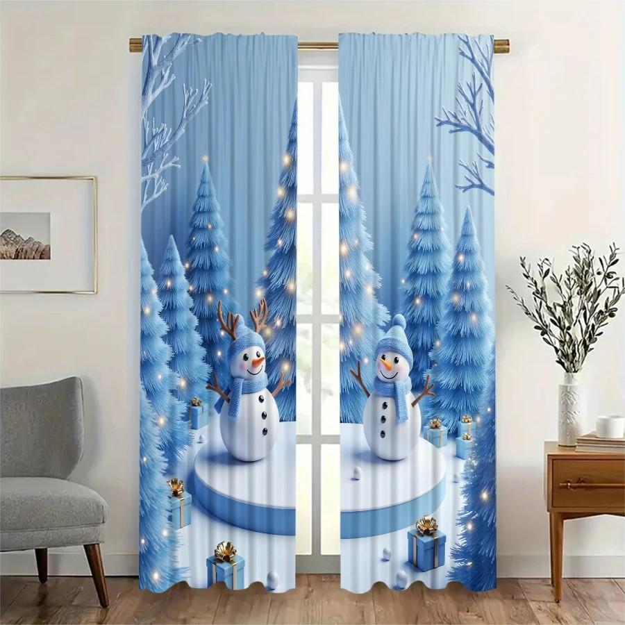 

2pcs Snowy Tree Snowman Printed Curtain Rod Pocket Voile for Christmas Window Decor Home Decor 100*130 HOOK 1pcs