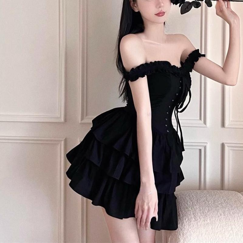 Primavera 2026 Lolita Kawaii Abito Sottoveste Soft Girl Goth Harajuku Monospalla Senza Schiena Sexy Nero Balze Abiti da Festa Y2k