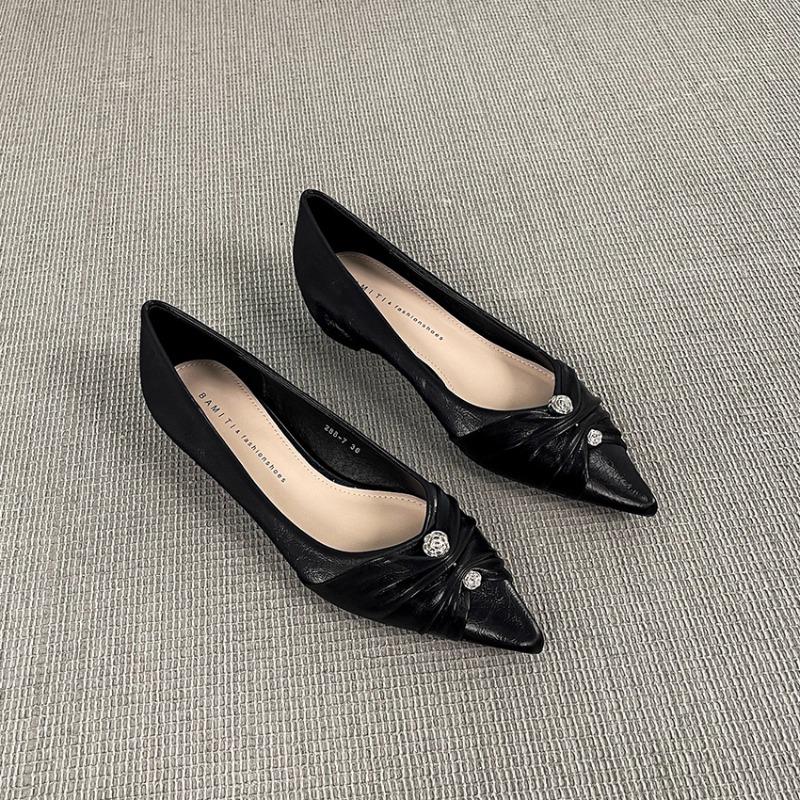 

Inside Heightened Single Shoes Fashion Pointed Toe Shallow Mouth Metal Buckle Soft Slip Non-Slip Low Top Leather Shoes 35 чёрный