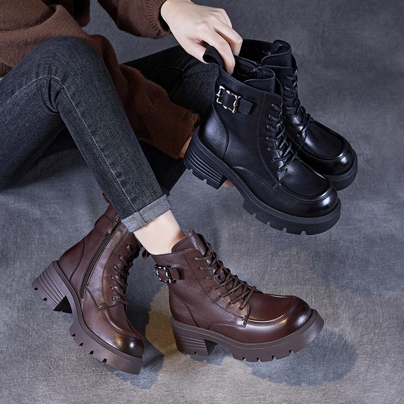 2026 autumn and winter new thick-soled thick-heeled leather British style showing feet small velvet Martin boots women's retro short boots