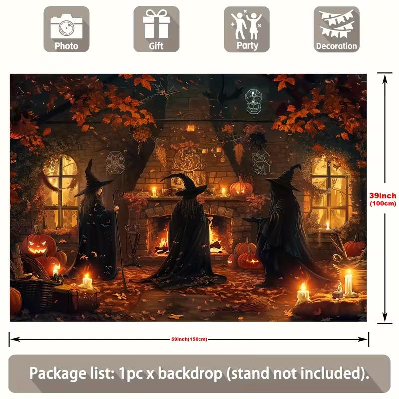 2D Halloween Witch Gathering Tapestry, Autumn Cottage Wall Hanging Background Cloth