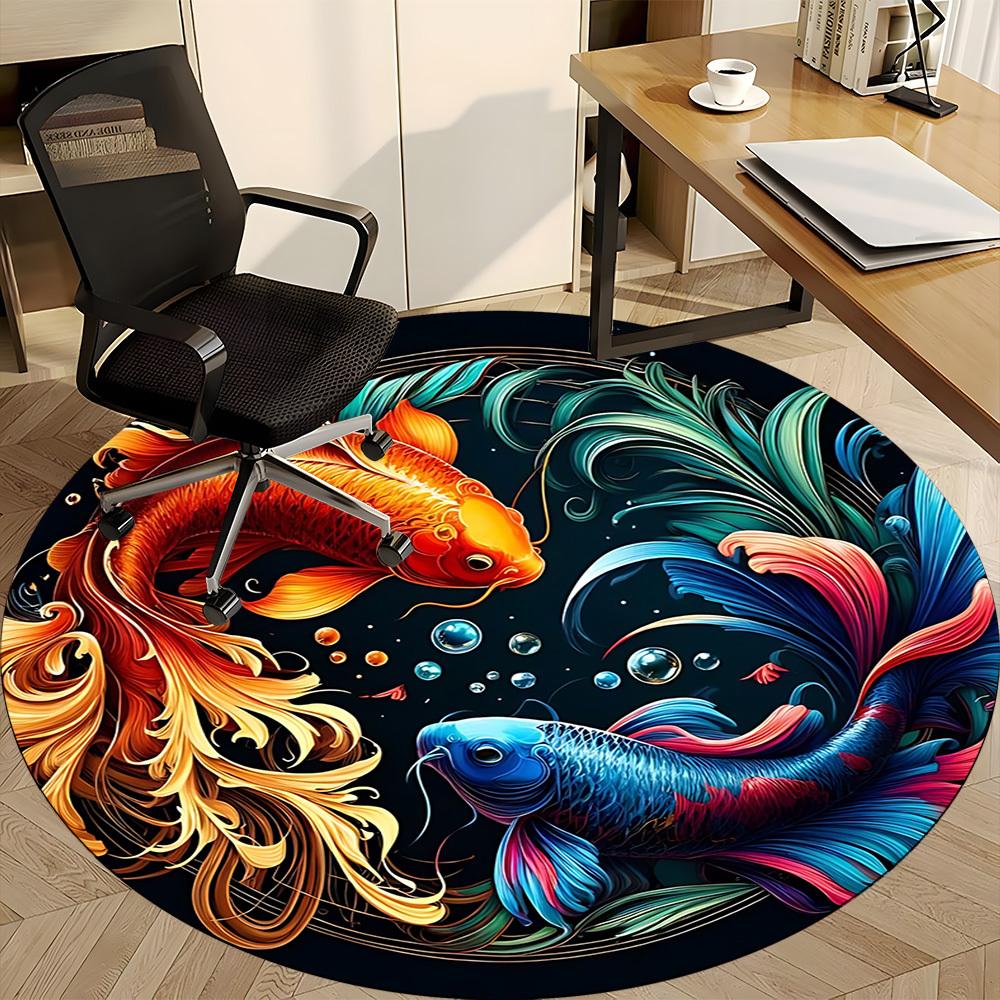 1pc Koi Fish Artwork Carpet, Round Non Slip Durable Large Size Office Carpet, Suitable for Office
