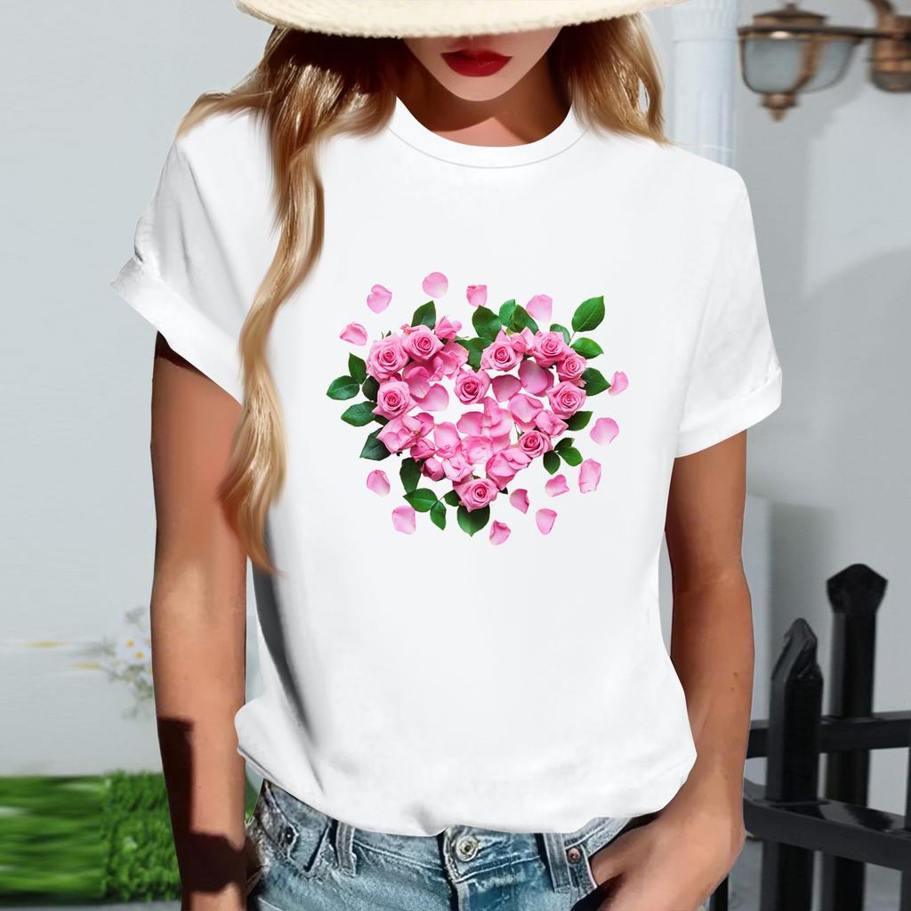 Women's Fashionable Round Neck Casual Retro Print Short Sleeved T-shirt Top