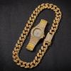 Hip Hop Men Bling Iced Out Gold 20mm Watch Bracelets Necklace Cuban Link Chain Set Watch Necklace Bracelet Jewelry Set