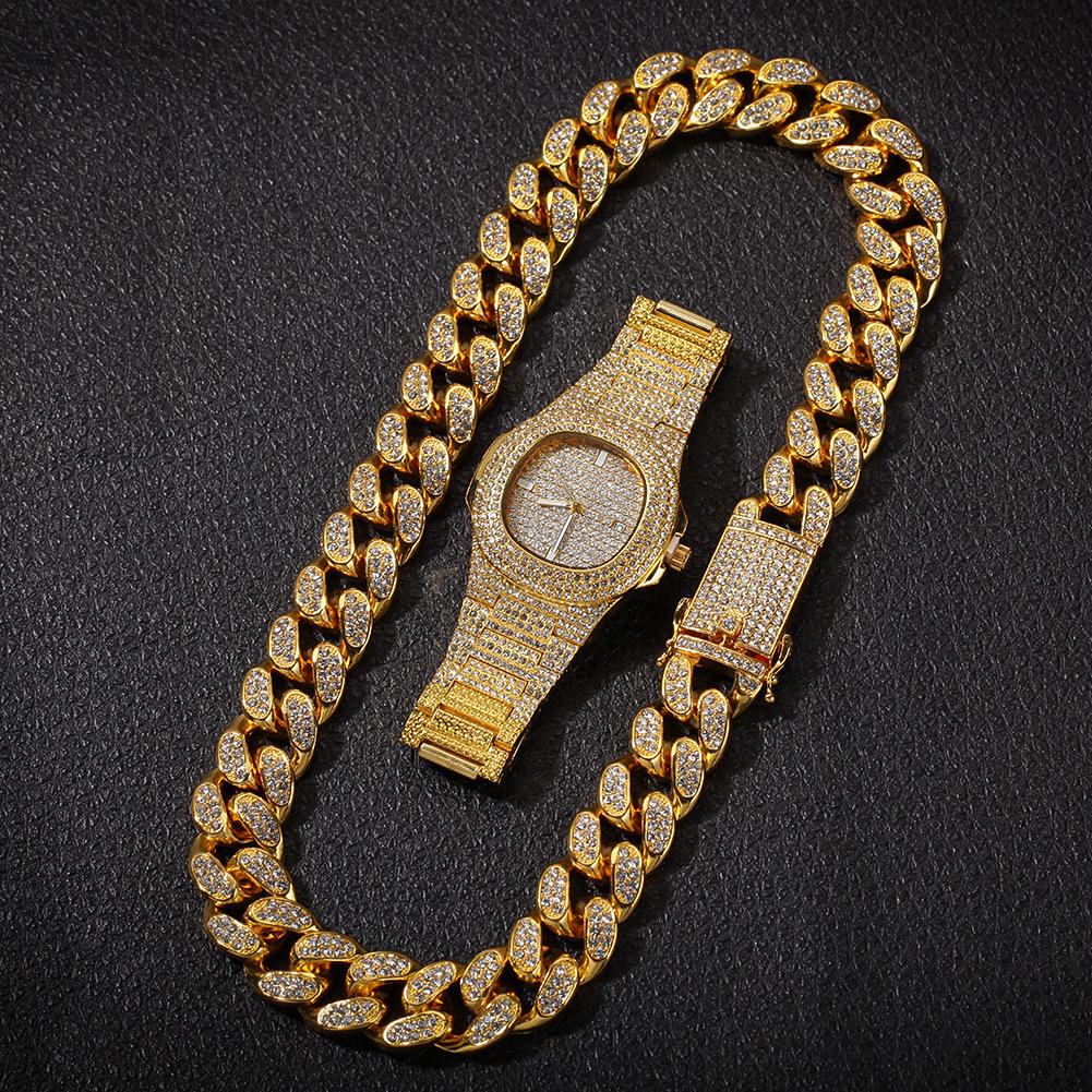 Hip Hop Men Bling Iced Out Gold 20mm Watch Bracelets Necklace Cuban Link Chain Set Watch Necklace Bracelet Jewelry Set
