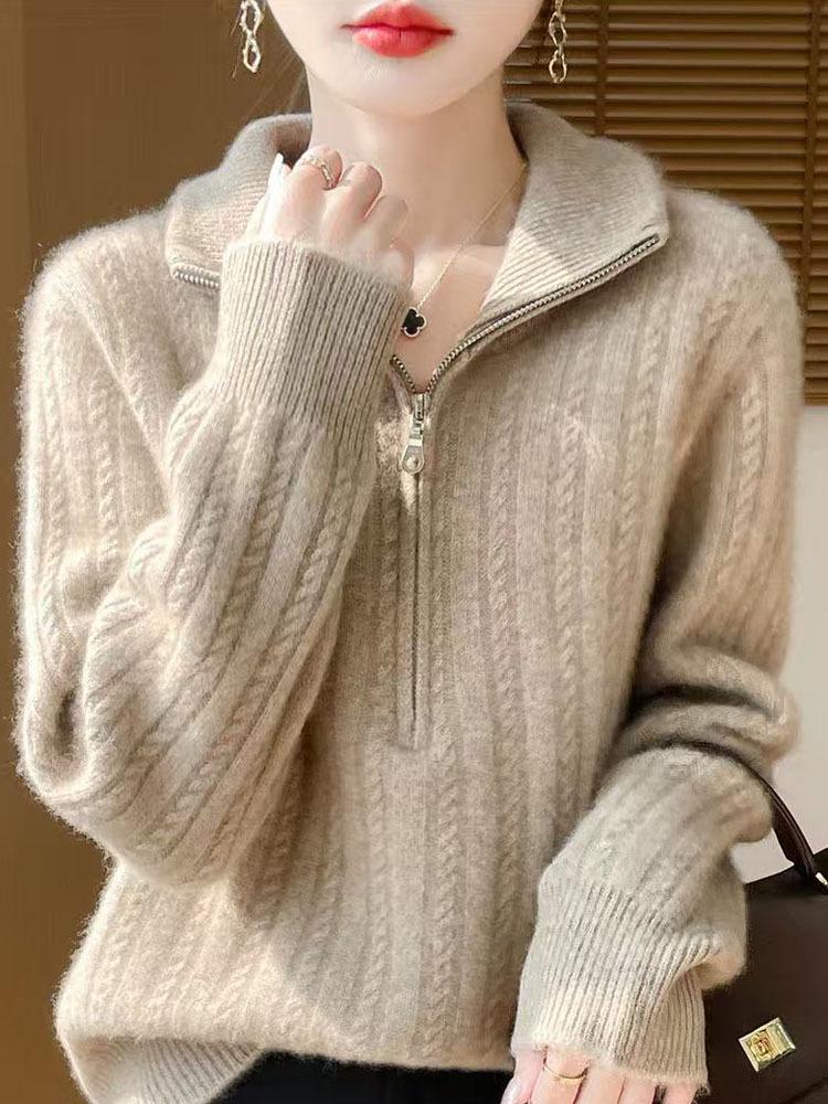 2026 Spring/Autumn Plus-Size Wool Blend Zipper Knitwear Top for Women - Thick, Loose Style, with Cross-Border Fashion Appeal.