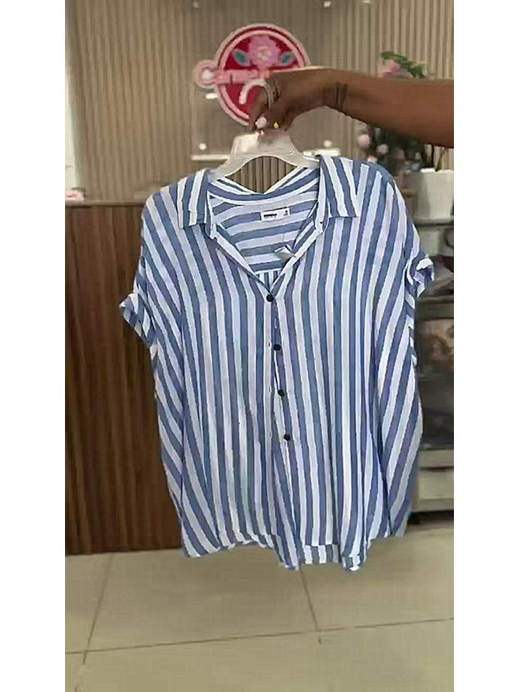 2025 Chic European & American Women's Striped Loose Lapel Short Sleeve Shirt
