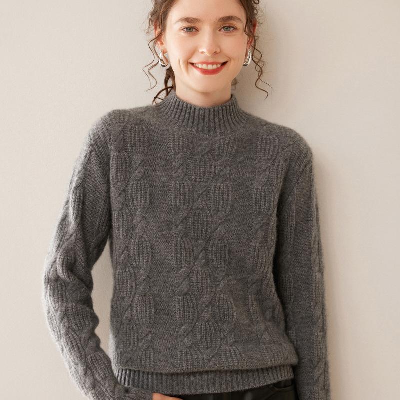 Women's Heavyweight Cashmere Jacquard Sweater - Thick Half-High Neck, Long Sleeve, Winter Knit Pullover