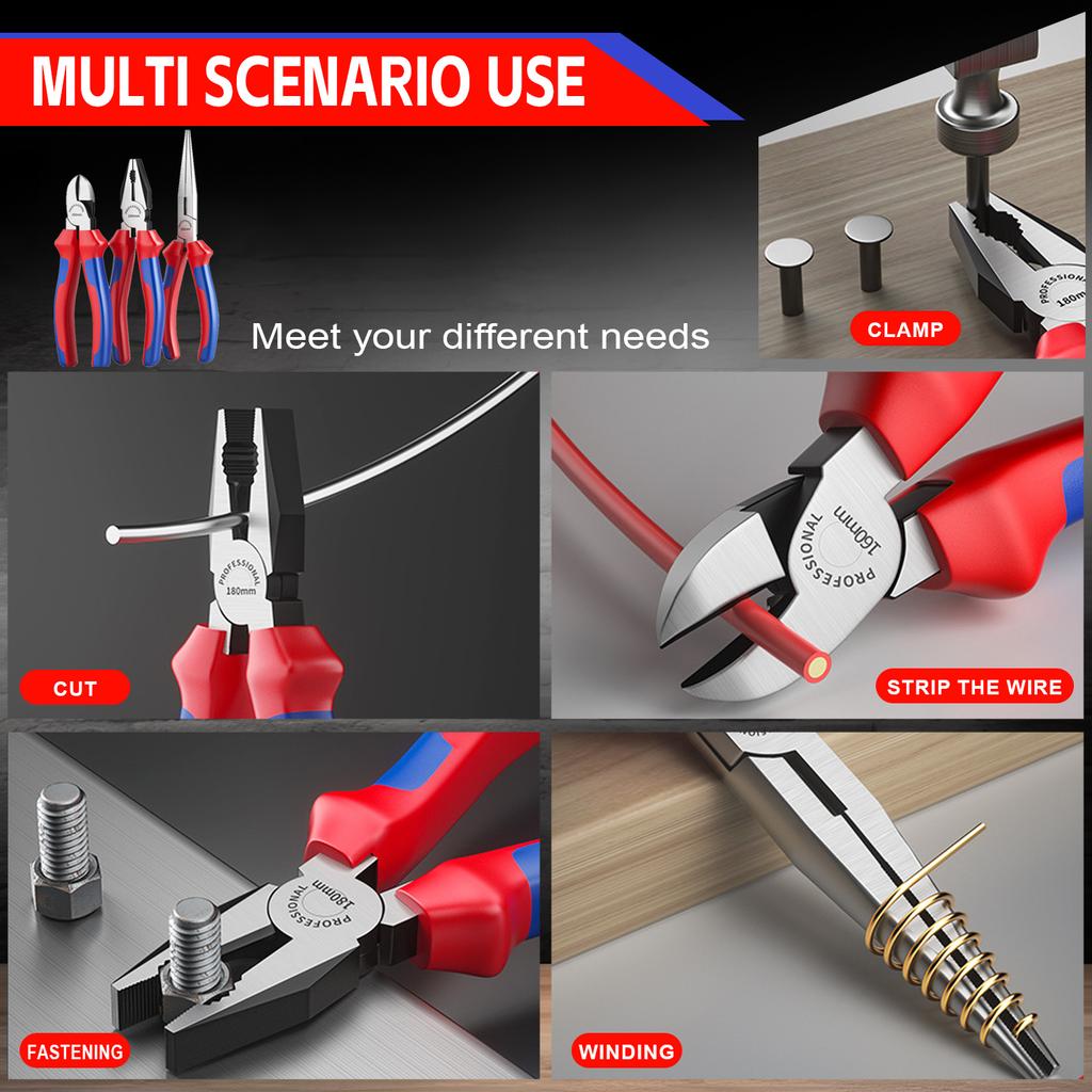 3PCS Plier Set,Including 8"Needle Nose Pliers, 8"Linesman Pliers and 7"Diagonal Cutting Pliers, Bi-material Handle