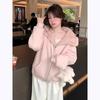 Elegant French-Style Pink Women's Casual Sports Suit, Fleece-Lined Hoodie Two-Piece for Autumn/Winter Fashion and Warmth.