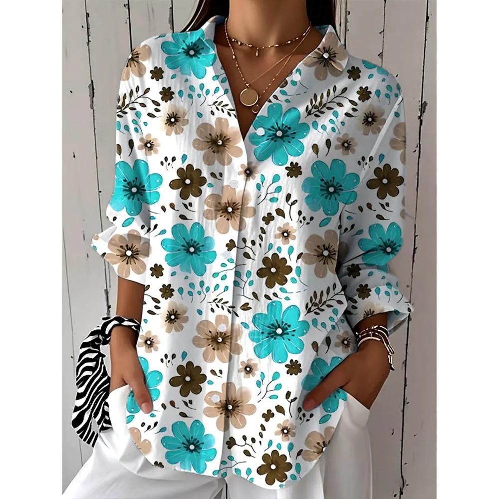 Women's Shirts Summer Floral Graphic Stylish Casual Long Sleeved Shirt Collar Regular Tops Daily Going Out Buttons Clothing
