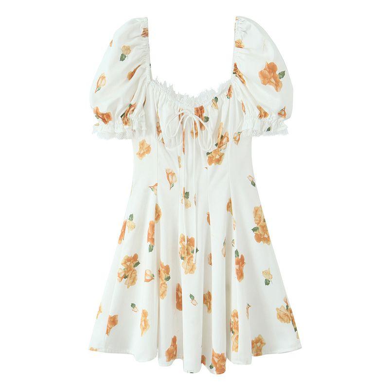 

Za Summer New Women clothes French style Retro Style Print Waist Hugging Slimming Lace Stitching Puff sleeve Short Dress Flower color L