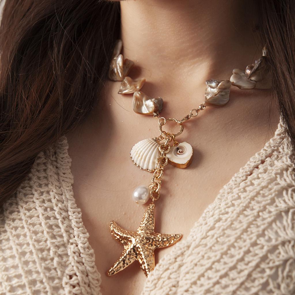 European and American Marine Element Alloy Summer Beach Shell Necklace, Personalized High-end Starfish Multi-layer Collarbone Chain